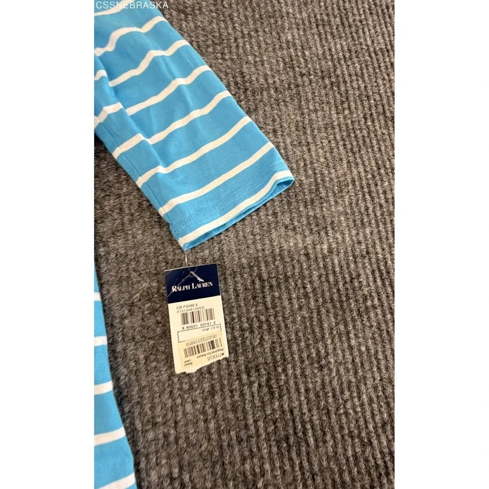 Ralph Lauren Girls Blue Striped Ruffle Hem Dress 3/4 Sleeve NWT Size L 12/14